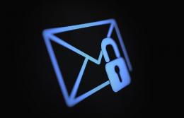 blue email symbol with padlock on black screen